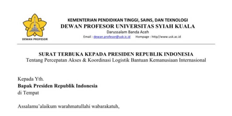 Dewan Profesor USK Resmi Surati Presiden Prabowo, Desak Percepatan Akses Bantuan Kemanusiaan Internasional ke Aceh